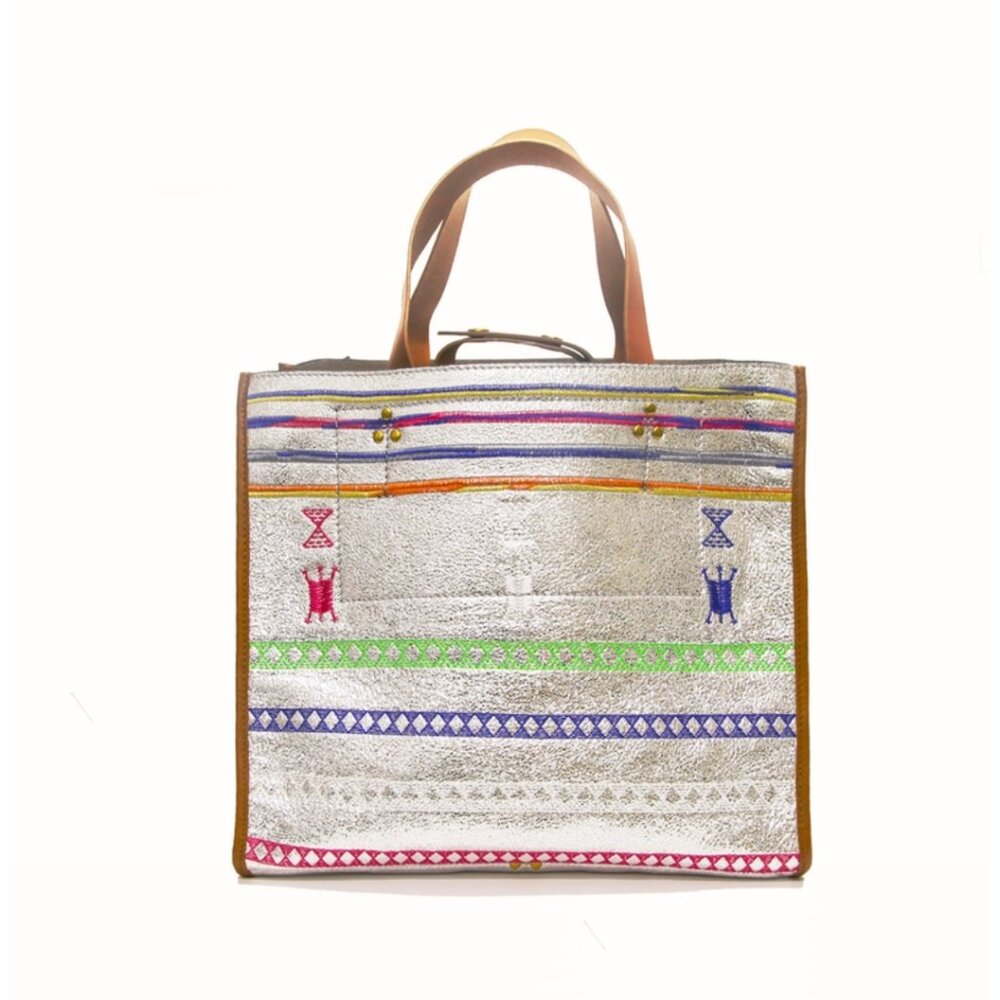 Jerome Dreyfuss Leon M Broderies Silver Leather Tote W/Matching Zipper Pouch